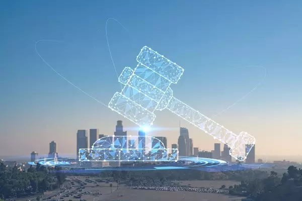 skyline-panorama-los-angeles-downtown-sunset-california-usa-skyscrapers-la-city-glowing-hologram-legal-icons-concept-law-order-regulations-digital-justice